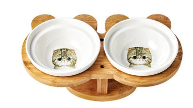Ceramic Cat Bowl Set with Wooden Stand - Curated Little Paws