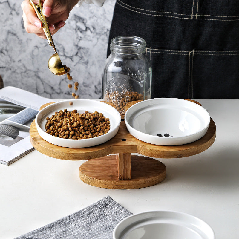 Ceramic Cat Bowl Set with Wooden Stand - Curated Little Paws