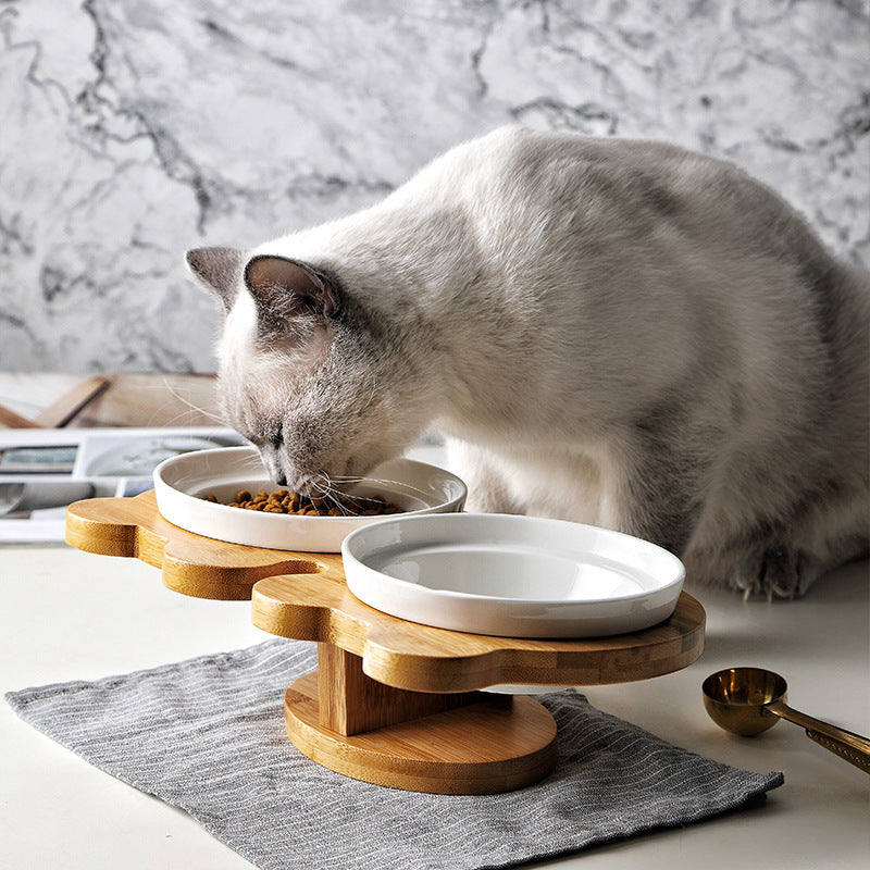 Ceramic Cat Bowl Set with Wooden Stand - Curated Little Paws