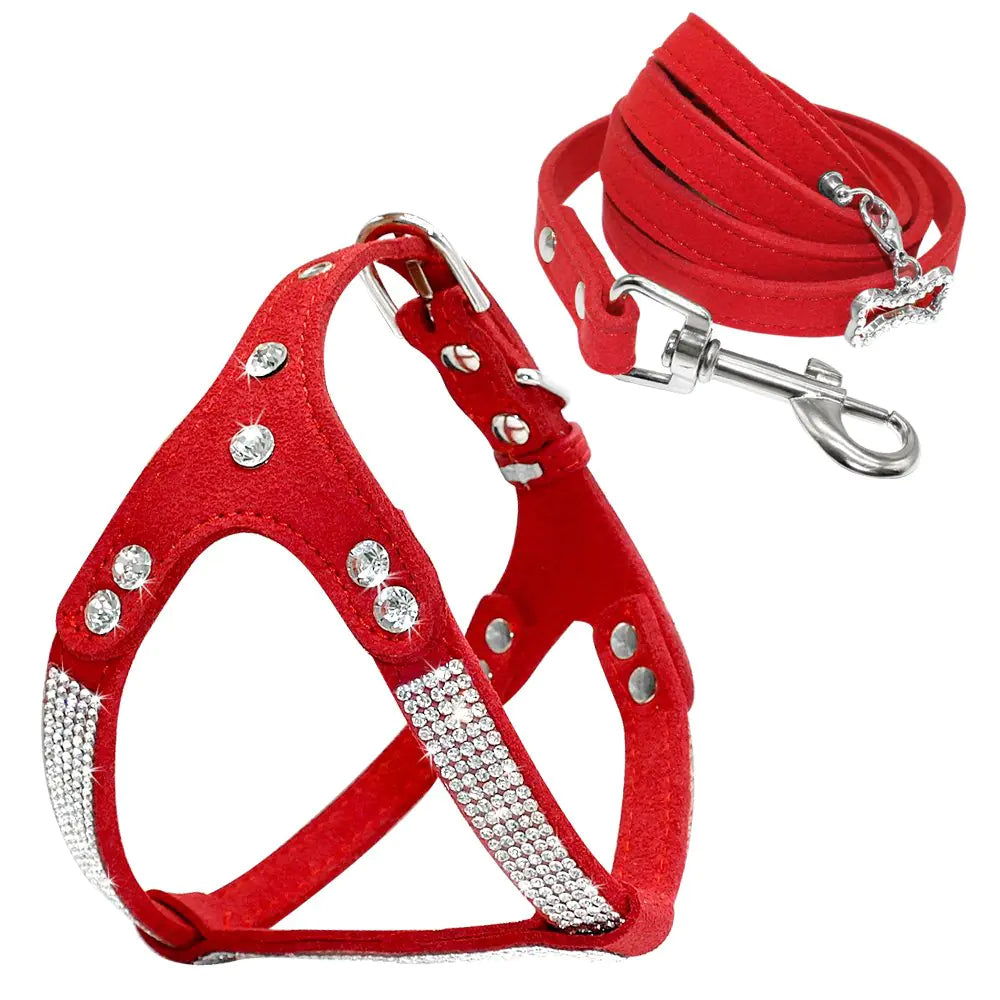 Bling Suede Dog Harness & Leash Set – Soft Crystal Vest + 4ft Lead - Curated Little Paws