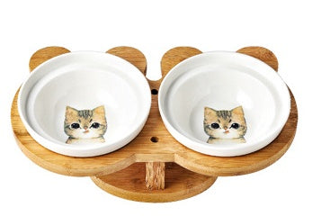 Ceramic Cat Bowl Set with Wooden Stand - Curated Little Paws