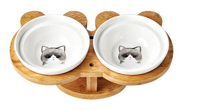 Ceramic Cat Bowl Set with Wooden Stand - Curated Little Paws